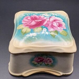 Vintage R & S Hand Painted Floral Rose Square Trinket Box
